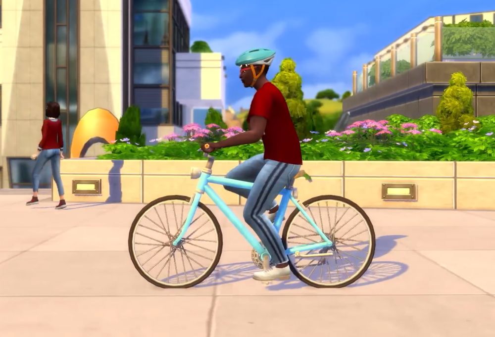 The Sims 4 Discover University Expansion Pack - a Sim rides a bicycle