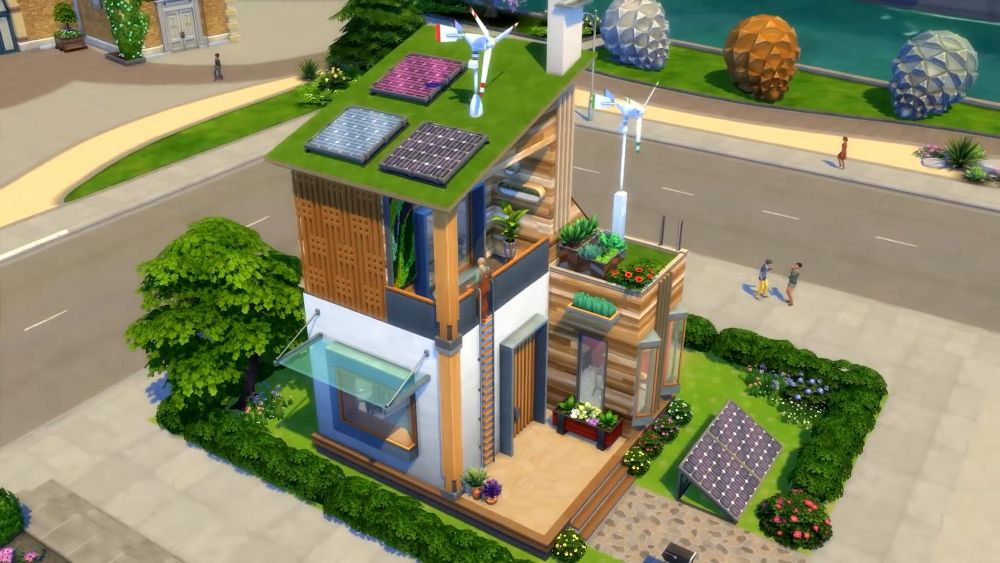 The Sims 4 Eco Lifestyle - solar panels, dew collector, and wind turbines