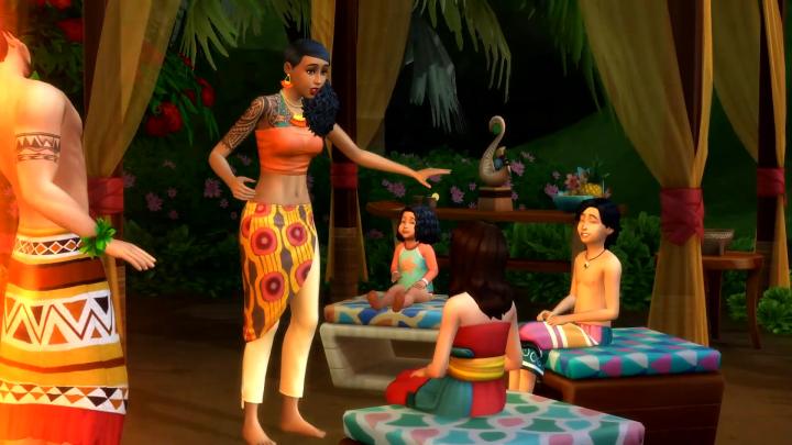 The Sims 4 Island Living children listening to a story at a gathering