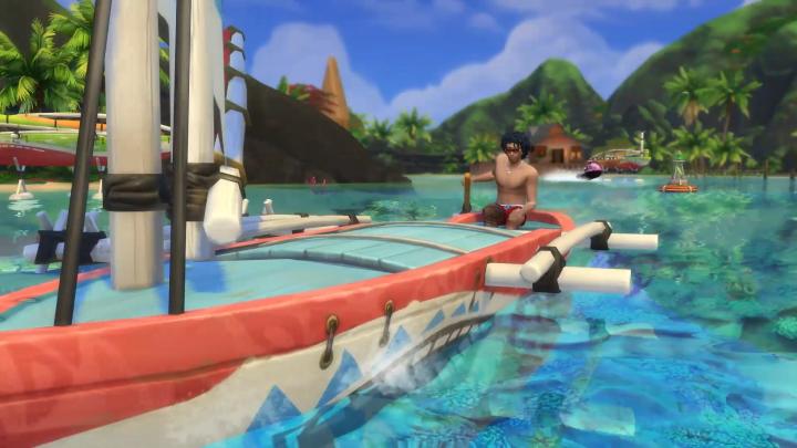 The Sims 4 Island Living Boats - a Sim sails a canoe