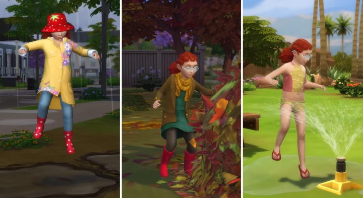 The Sims 4 Seasons: Playing in sprinklers and jumping in leaves and puddles