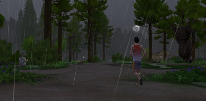A Sim is outside during a thunderstorm. Be careful, as Sims 4 seasons weather can kill your Sim.