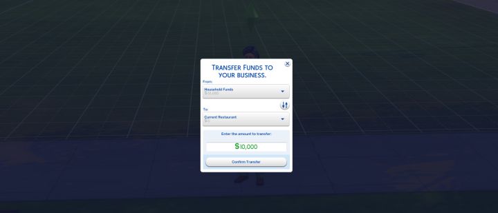 The Sims 4 Dine Out - you must transfer funds to your restaurant to begin construction