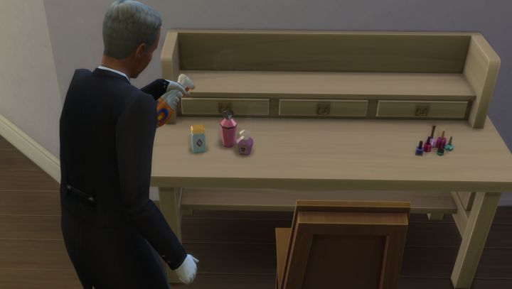 A butler cleans a table in The Sims 4