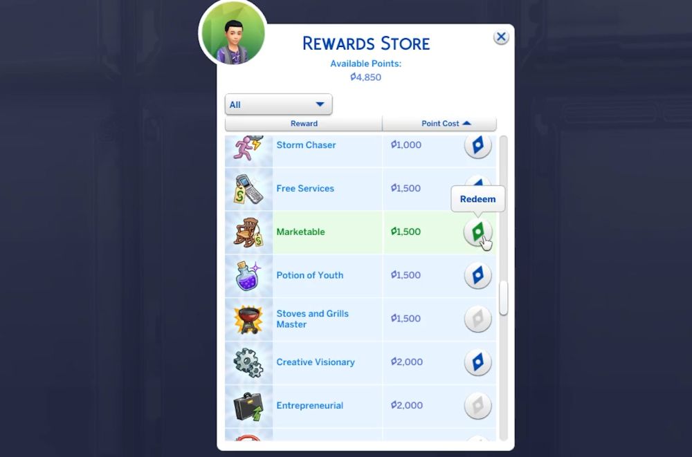 The Sims 4 Super Sim - Rewards to buy for a Super Sim.